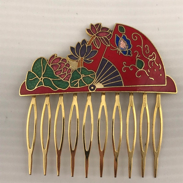 Vintage Cloisonné red enamel flower floral fan gold tone decorative hair side comb