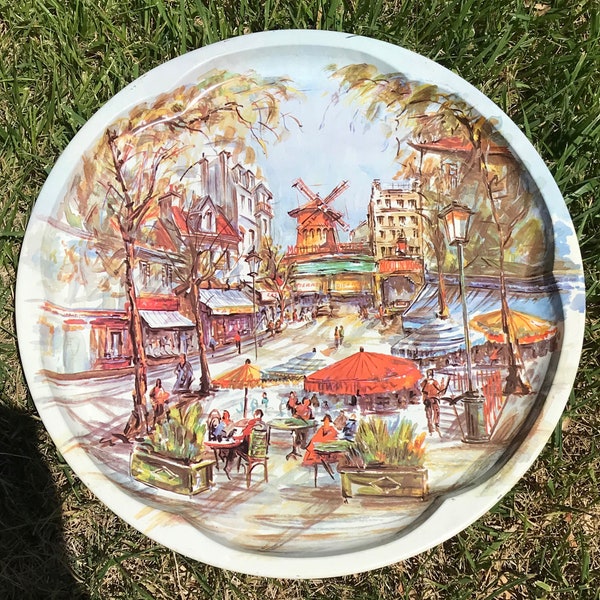 Vintage 70s Daher Round Metal Tray Moulin Rouge, Windmill,French Cafe Scene 16”