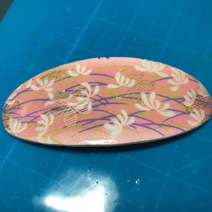 Handmade French clip hair barrette for medium to thick hair. Measures 4x1.75” Oval. Pink