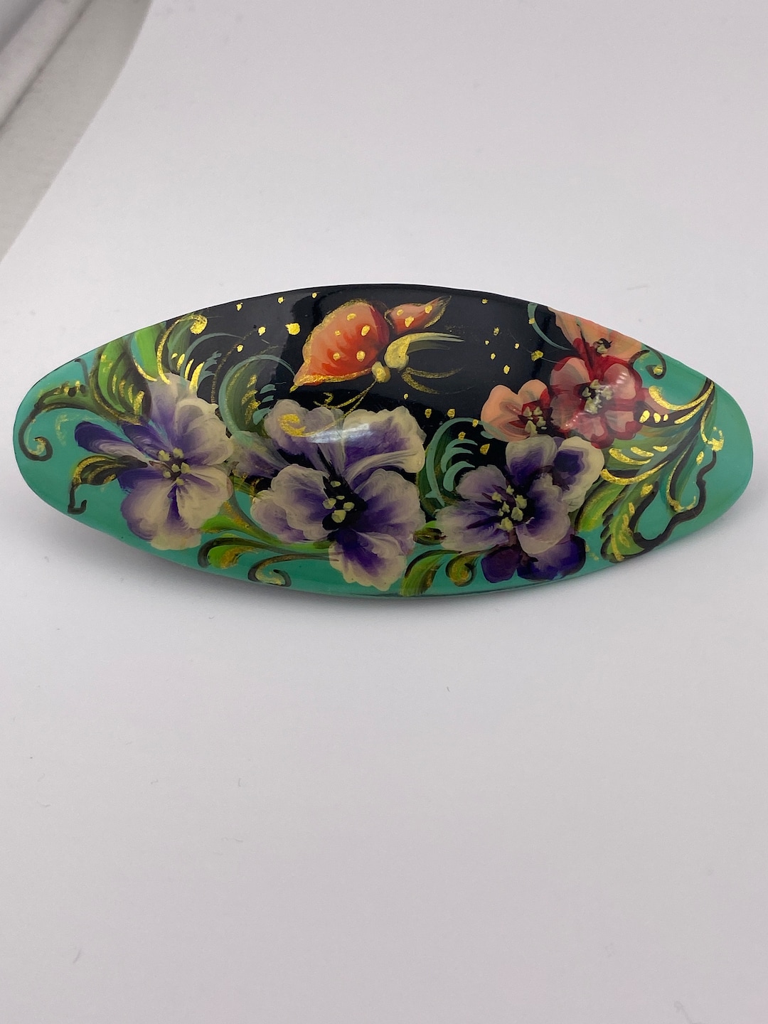 Painted Clips Artisan Hand Painted Oval Barrette Hair Clip With Purple Flowers - Etsy