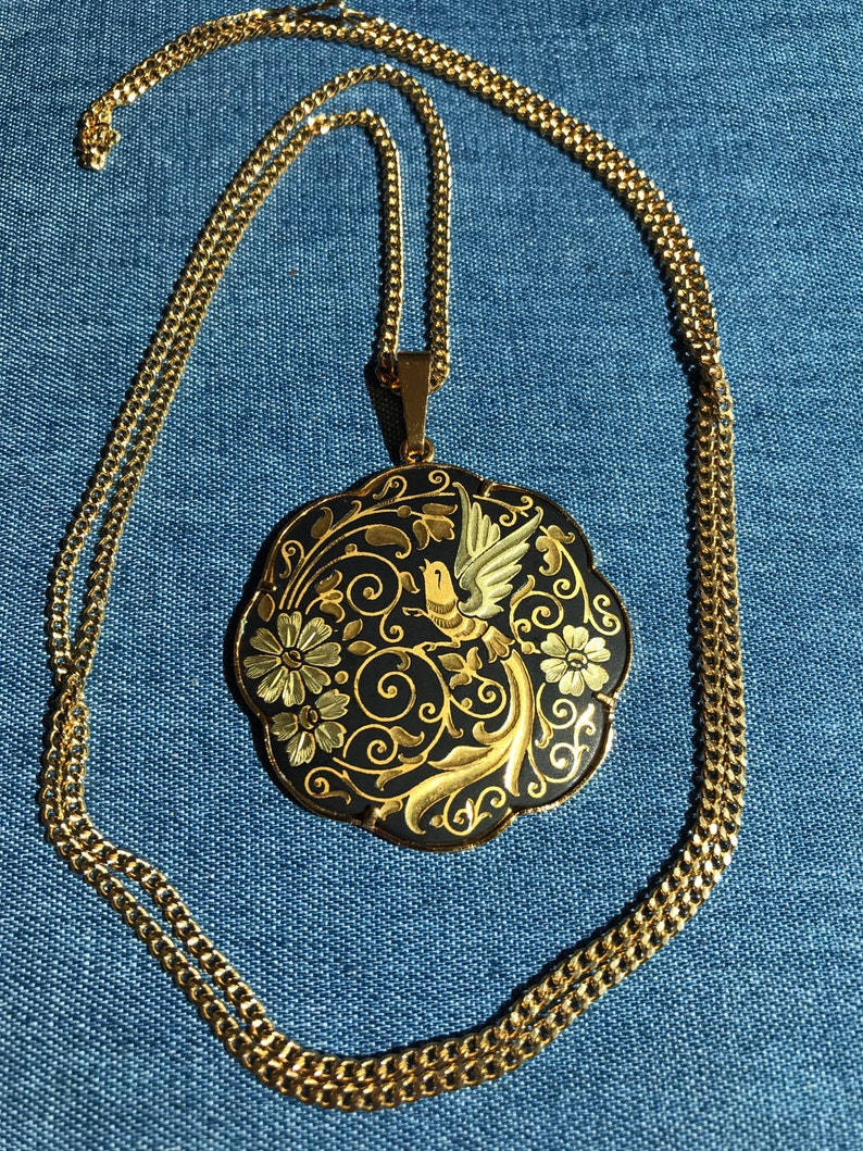 Vintage Damascene black gold tone flower floral bird large scalloped necklace pendant.