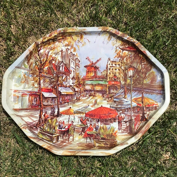 Vintage 70s Daher Metal Oval Tray Moulin Rouge Windmill Paris Cafe Scene 17.5x13.25”