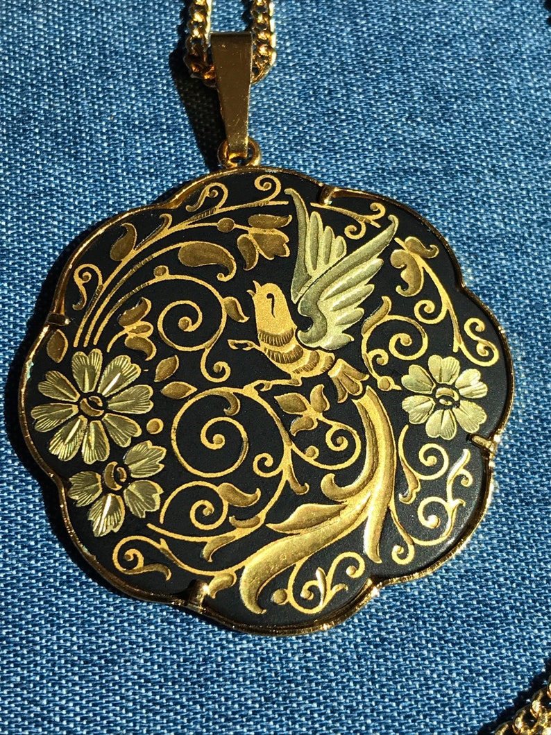 Vintage Damascene black gold tone flower floral bird large scalloped necklace pendant.