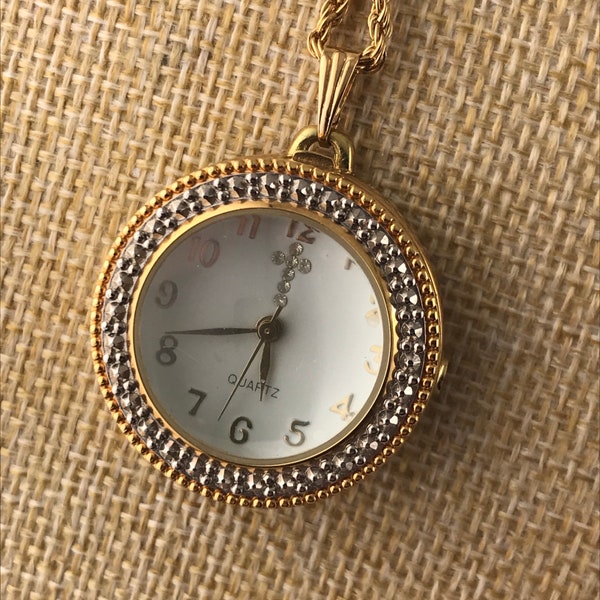 Vintage 80s AVON Gold Tone Round Watch Pendant Necklace New Battery-Works