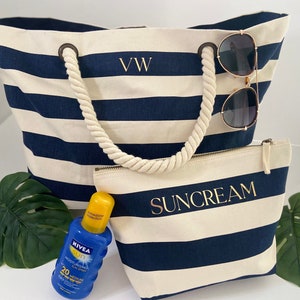 Custom Initial Beach Bag, Personalized Holiday Bag with Rope Handles, Travel Bag and Accessories Gift, Suncream Bag, Nautical Beach Tote.