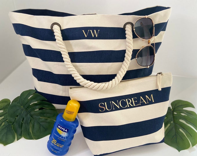 Custom Initial Beach Bag, Personalized Holiday Bag with Rope Handles, Travel Bag and Accessories Gift, Suncream Bag, Nautical Beach Tote.