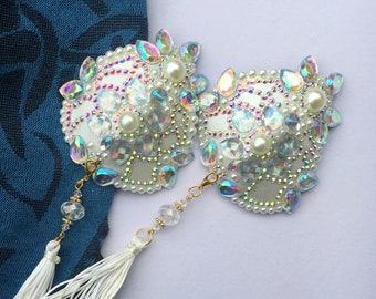 White AB Teardrop Nipple Pasties - White Glitter Nipple Pasties - White Nipple Tassels - Burlesque Nipple Tassels - Luxury Nipple Pasties