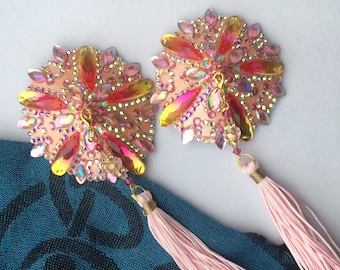 Pink Two Tone Round Nipple Pasties - Glitter Nipple Pasties - Pink Nipple Tassels - Burlesque Nipple Tassels - Luxury Nipple Pasties