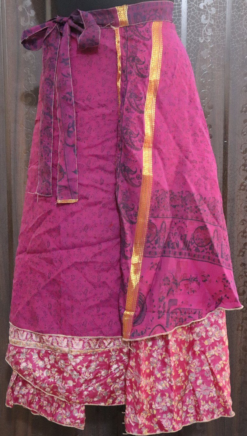 60 Indian Vintage Silk Sari Long Skirt Women Wrap Bohemian Skirt Gypsy Hippie Boho Double Layer Recycled Wrap Skirt