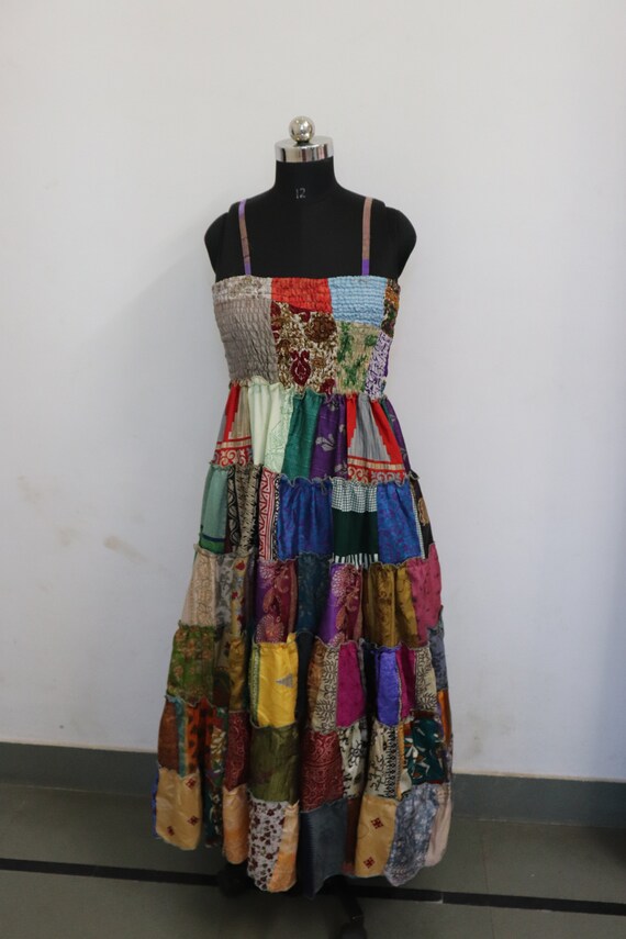 Patchwork Maxi Dress - Bohemian Poly Crepe Silk Summer Dress