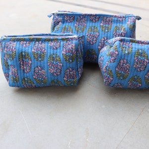 Cotton Quilted blue floral print cosmetic pouch toiletry travel bag