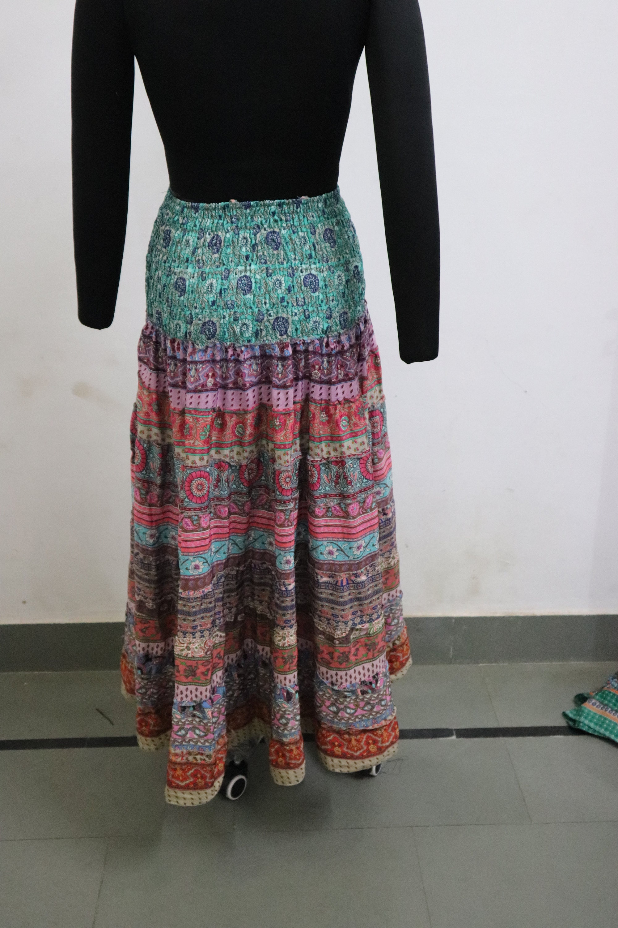 Patchwork fun skirt long flowy tiered frilled gathered maxi summer skirt boho hippie gypsie party festival comfy silky  skirt