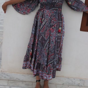 New maxi silk dress, silk dress pattern, silk dress boho for women, off shoulder midi dress 3/4 sleeves dress