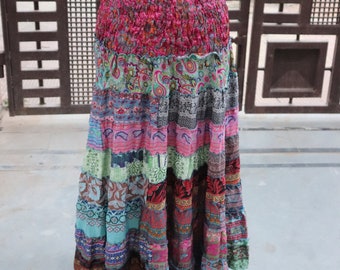 frilled gathered broomstick skirt long flared ruffled tiered fun boho hippie gypsie maxi skirt patchwork floral  floor length skirt