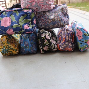 Cotton Quilted blue floral print cosmetic pouch toiletry travel bag