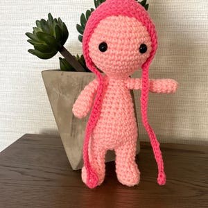 May include: A handmade pink crochet doll with a pointed hood and long dangling ties. The doll has black button eyes and is standing upright. The doll is next to a green plant in a gray triangular pot.