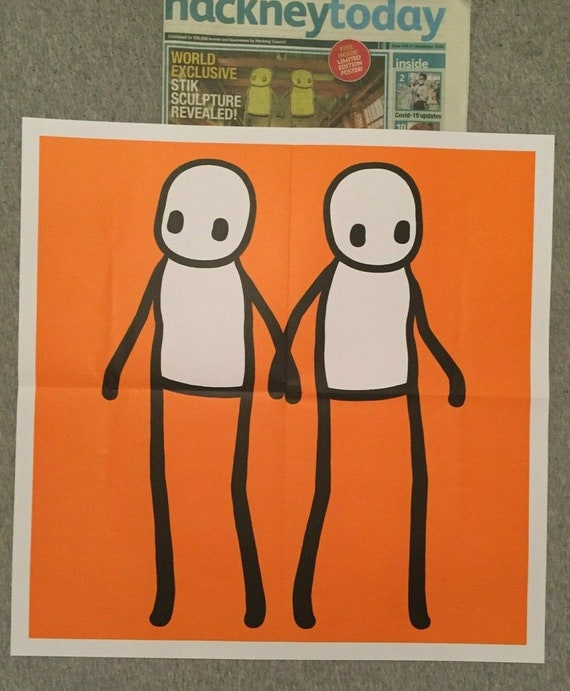 UK限定 STIK Hackney Today ポスター Stik Holding Hands Orange print & Hackney Today newspaper