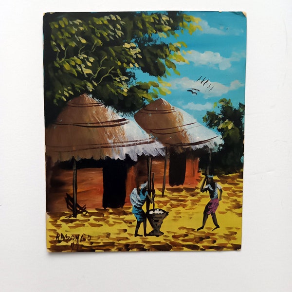 Peinture ORIGINALE. RPD du Congo. Afrique centrale. Art mural village africain. 1991 Huiles miniatures originales (signées à la main/Sans titre). Livraison gratuite.