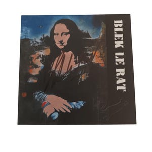 Blek Le Rat. Französische Schablone Straßenkünstler. Mona Lisa. Handsignierte und von mir gekritzelte Einladungskarte.