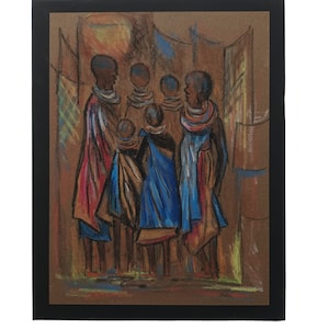 ORIGINAL painting. Nairobi Kenya. Pastel drawing with Masai tribe theme.Wall art. 1990. Free, tracked delivery.