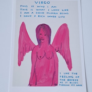 David Shrigley (britannique né en 1968) 'Vierge'. Carte postale A5 signe astrologique/zodiaque/astrologie/horoscope en édition ouverte. Art mural.
