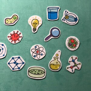 May include: A collection of colorful science-themed felt cutouts. The set includes a lightbulb, atom, beaker, magnifying glass, and various cell and molecule illustrations. The cutouts are arranged on a green background.