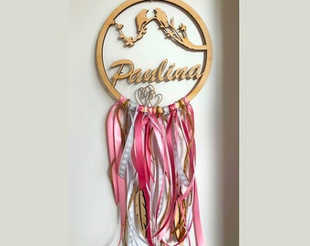 Wooden dream catcher - individually with name - heart birds feathers - DIY - baptism gift birth gift for children baby girls + boys