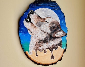 Heulen auf dem Mond - Wolf heeulen Mond Acryl-Malerei auf Holz