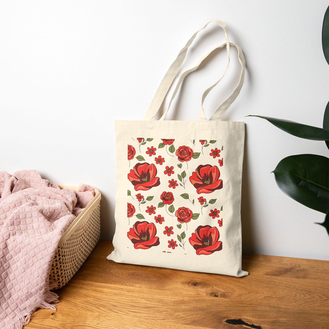 Red Rose Floral Pattern Tote Bag | Vintage Botanical Print - Etsy