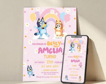 Invito di compleanno per Bluey, invito per la festa di compleanno della bambina, invito per la festa di compleanno di Bluey modificabile su Canva, regali di compleanno, compleanno coordinato per la famiglia