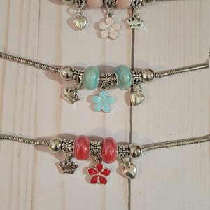 European Style Bracelet with Glass Beads and Charms | Flower Charm Bracelet | Snake Chain | Adjustable