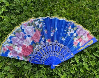 1x blue plastic, satin feel flower floral folding hand fan decorative, summer, wedding, gift