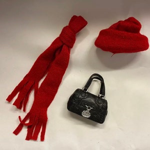 Quality Dolls 3 piece red hat scarf bag winter set made for 11.5inch fashion doll uk seller