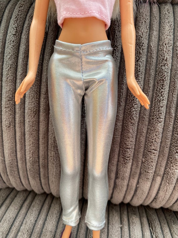 1 Dolls Pair of Silver Metallic Sparkly Leggings 80s Style Doll