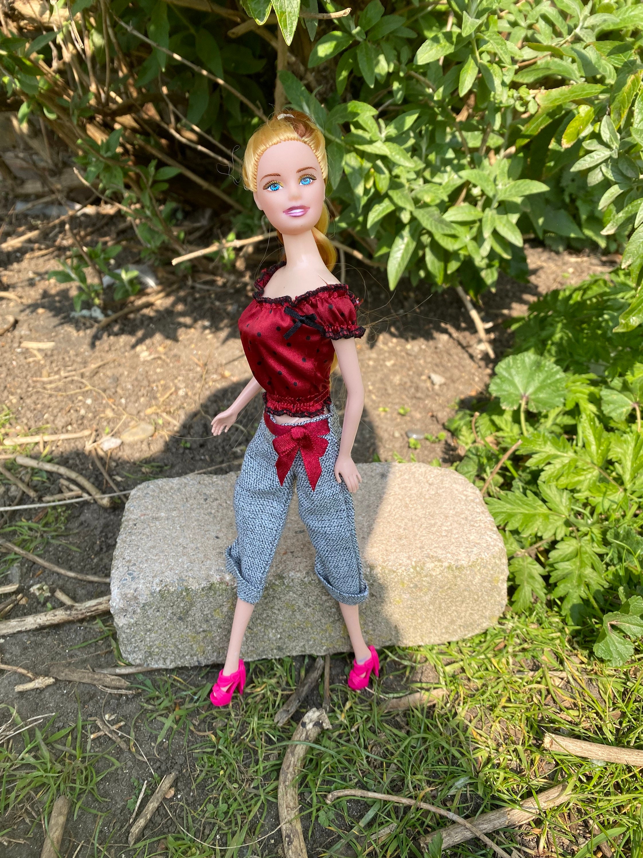 Collets Clothes Dolls 3 Piece Red Satin Polka Dot Shirt off the Shoulder Trouser Collet ...
