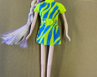 Dolls 2 piece neon yellow and blue mini cut out dress outfit with shoes suitable for a standard size barbie doll