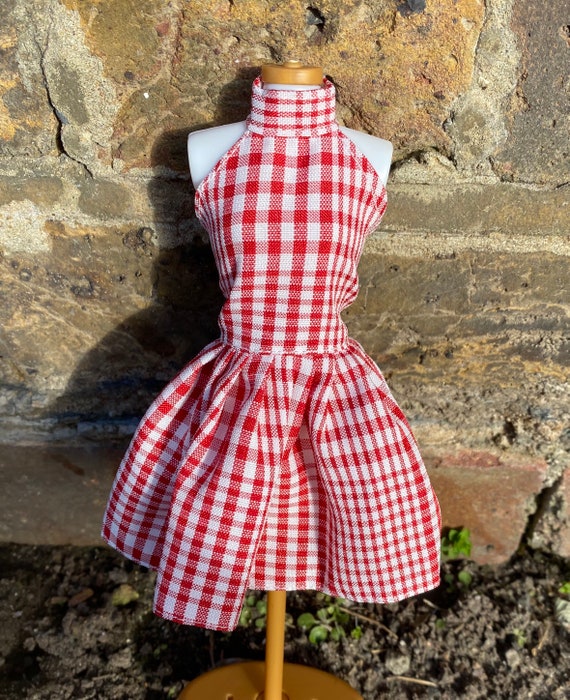 Dolls red white gingham midi dress halter neck outfit party fashion outfit  suitable for a standard size 11.5inch fashion doll