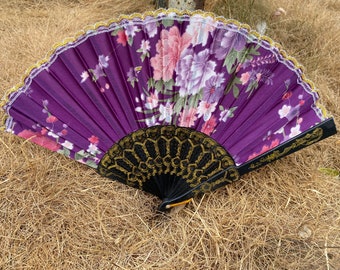 1x purple/ lilac plastic, silk feel flower floral folding hand fan decorative, summer, wedding, gift