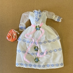 Dolls white blue princess vintage style puffy sleeves maiden midi ball gown suitable for a standard size barbie doll