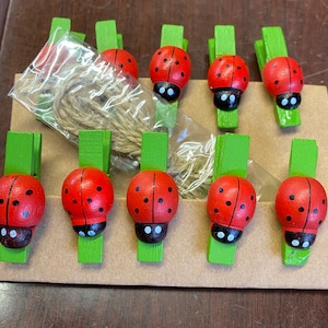 10 piece wooden mini red ladybird crafting pegs/clips for children comes with small string