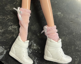 Dolls flat heel style white classic 80s inspired trainers sneakers shoes with lace pink socks suitable for a standard 11.5inch fashion doll