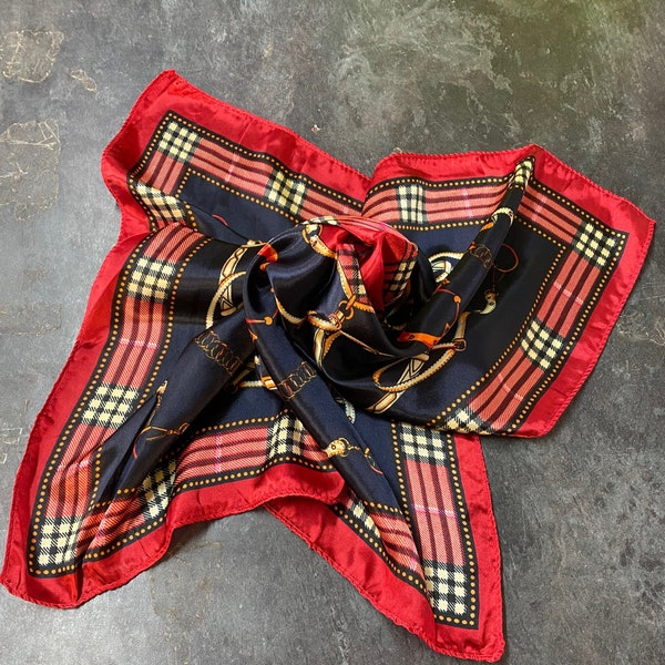 Qualité rouge et bleu marine tartan sangles abs boucles imprimé 50x50cm carré satin feel ladies foulard / bandana