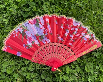 1x red plastic, satin feel flower floral folding hand fan decorative, summer, wedding, gift