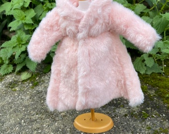 Dolls baby pink fur coat with lace trimming and faux buttons suitable for a standard 11.5inch fashion doll