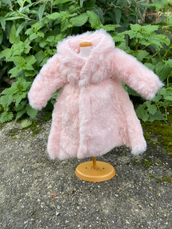 Dolls baby pink fur coat with lace trimming and faux buttons suitable for a standard 11.5inch fashion doll