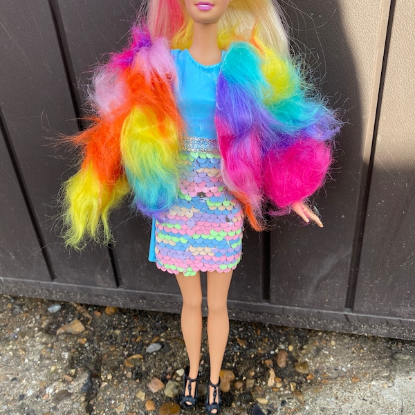 Dolls rainbow midi party winter furry jacket coat suitable for standard 11.5inch fashion doll, doll and other accessories not included