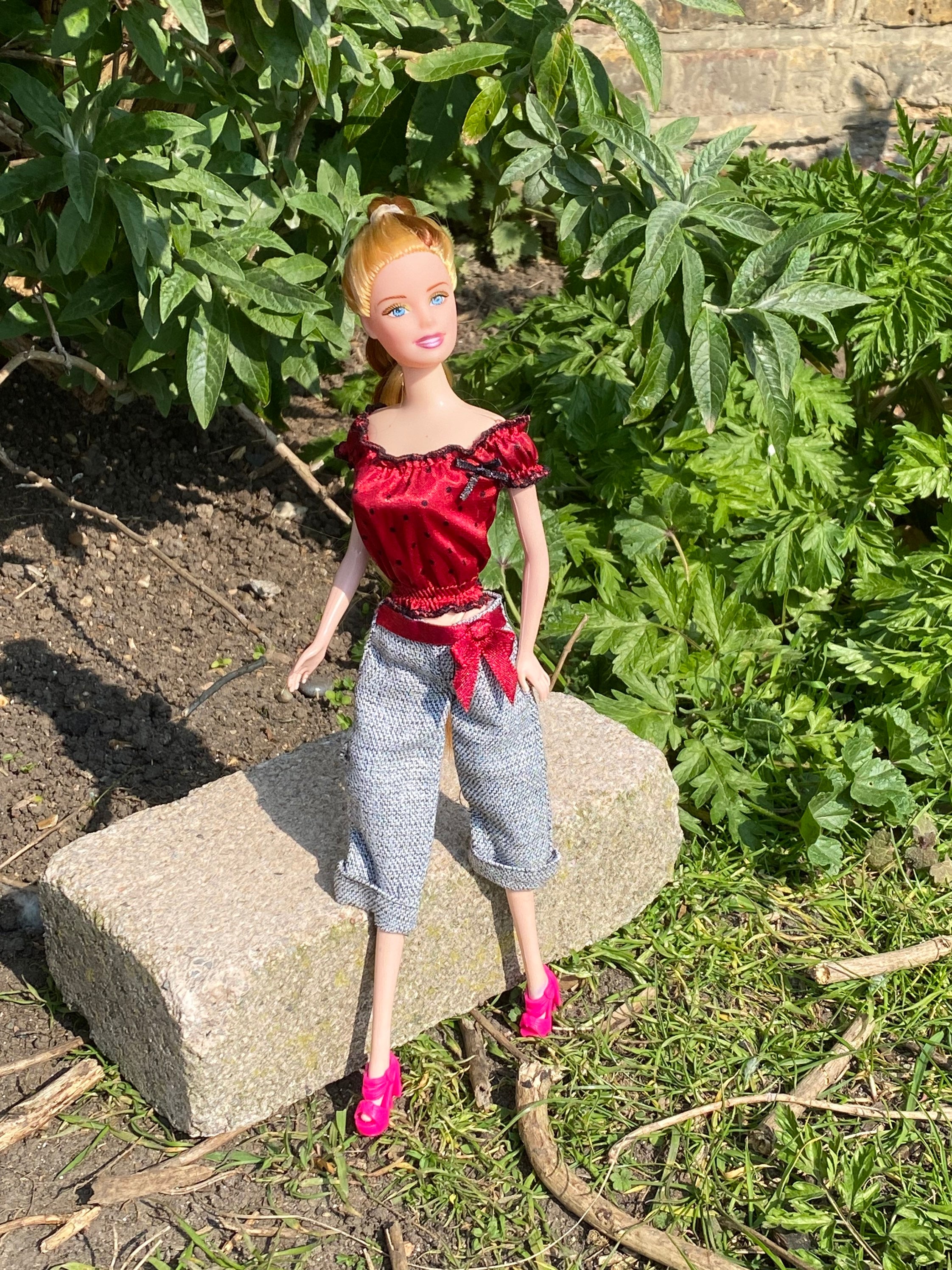Collets Clothes Dolls 3 Piece Red Satin Polka Dot Shirt off the Shoulder Trouser Collet ...