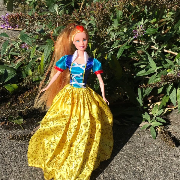 Snow White inspired dress with glitter finish-suitable for barbies, great gift idea, great costume idea for dolls-doll not included