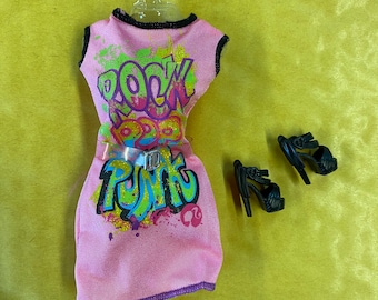 Dolls 2-piece mini baby pink pop art shirt dress outfit with shoes suitable for a standard size 11.5" Fashion doll