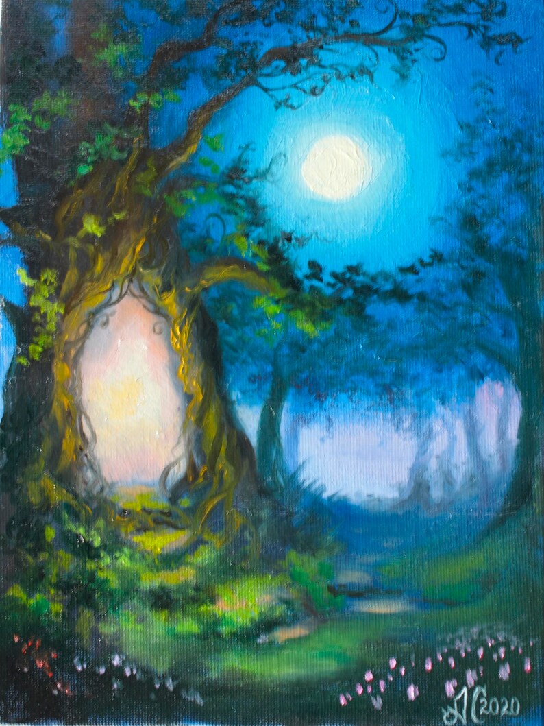 original oil painting on canvas 7.1x9.5/'/' Christmas gift fantasy landscape fairy art mini oil painting of magic tree Fantasy painting